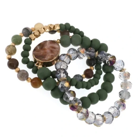 1088-4Pcs Stretch Gemstone Wooden Bracelet-Green - Picture 3 of 3